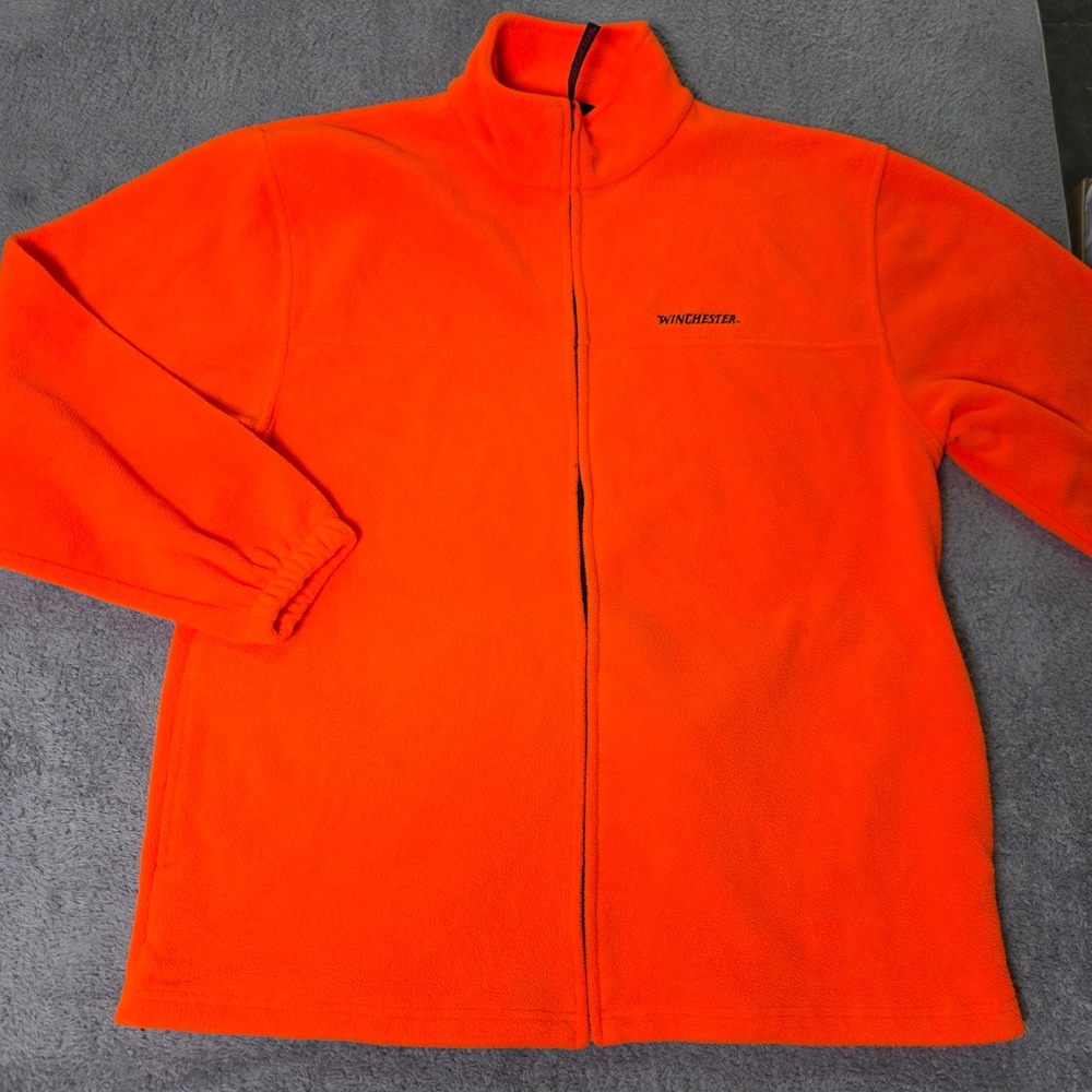 Winchester Mens Large Fleece Jacket Blaze Orange Hunting Full Zip Mock Neck Logo